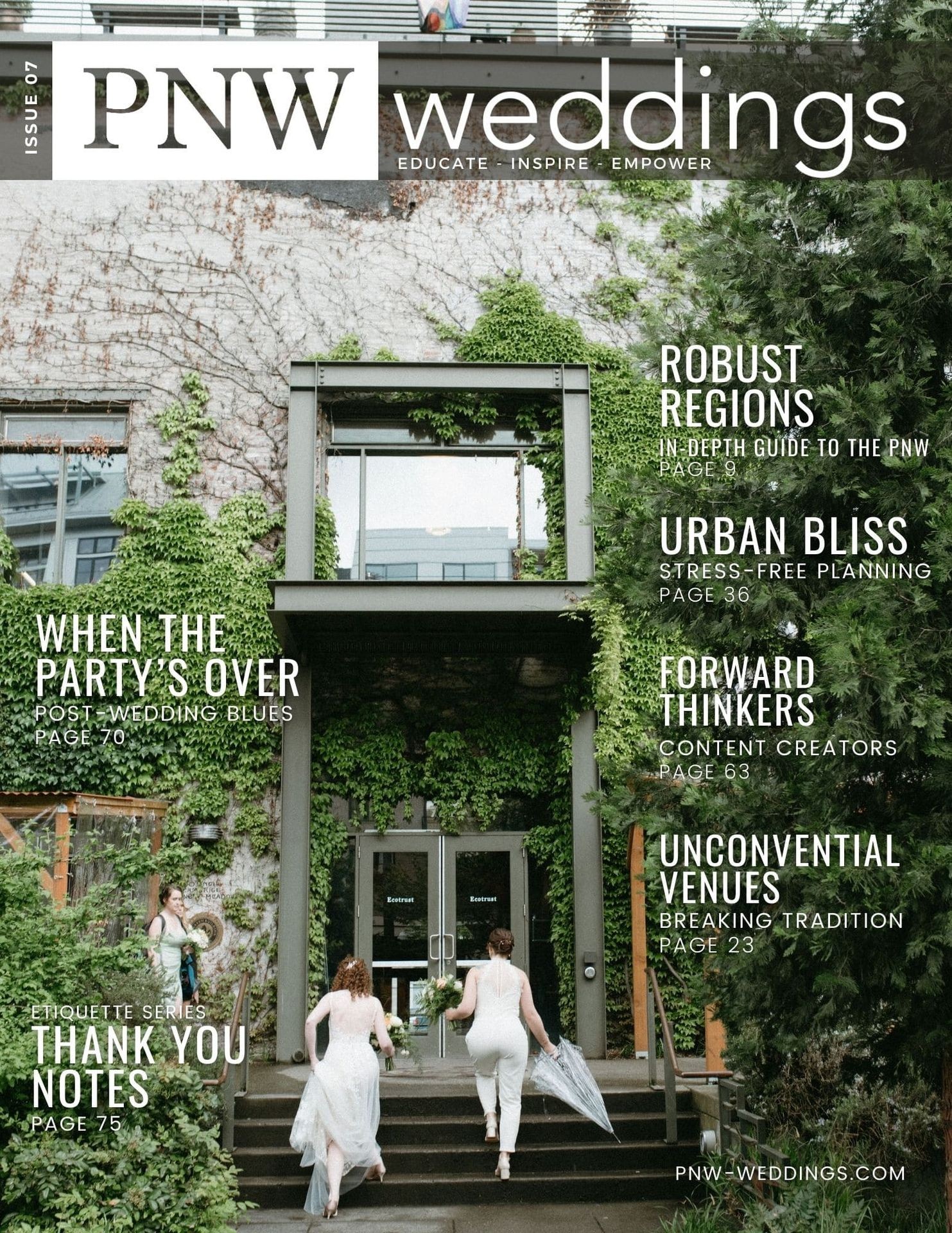 PNW Weddings magazine cover with brides in front of a vine-covered building entrance.