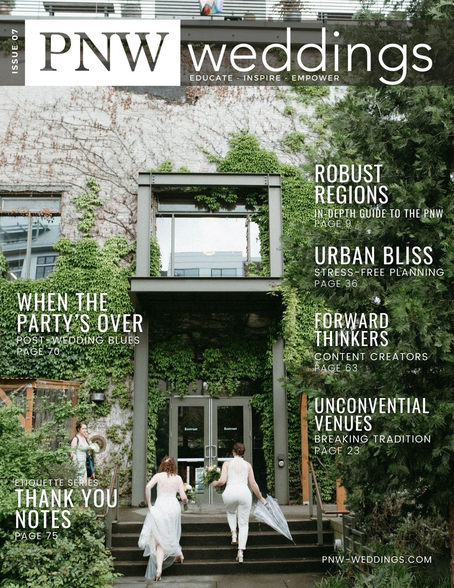 PNW Weddings magazine cover with brides in front of a vine-covered building entrance.